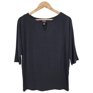 Clara Sunwoo Black Jersey Knit 3/4 Sleeve Keyhole Neck Relaxed Blouse Medium